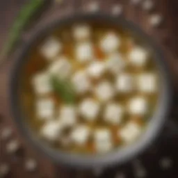 Aerial view of traditional feta cheese in brine with herbs.