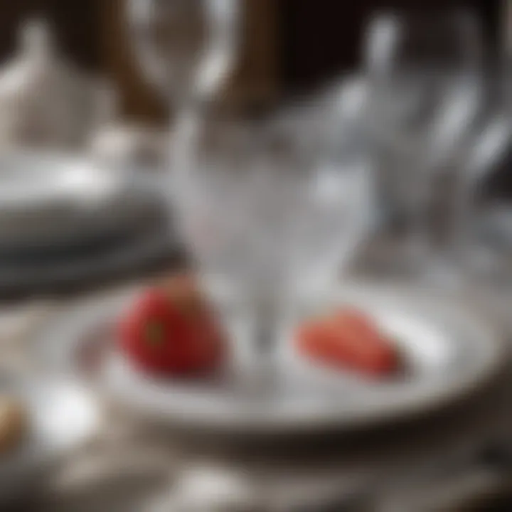 Close-up of fine china and crystal glassware in a formal setting