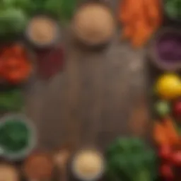 A vibrant assortment of low sodium vegetables and grains on a wooden table