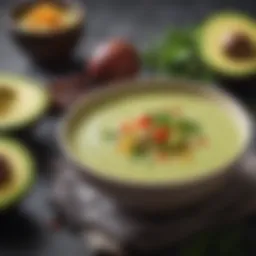 A rich and creamy avocado soup garnished with herbs.