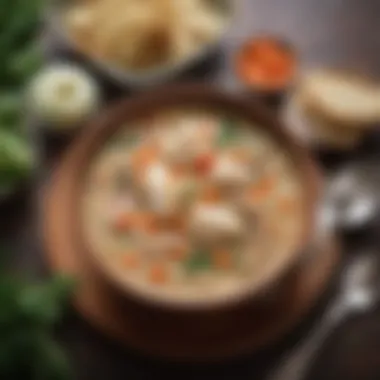 A bowl of hearty chicken soup with low-carb vegetables.