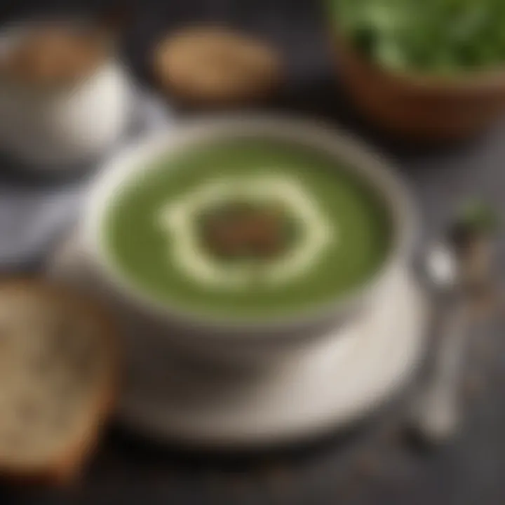 A vibrant green spinach and cheese soup topped with seeds.