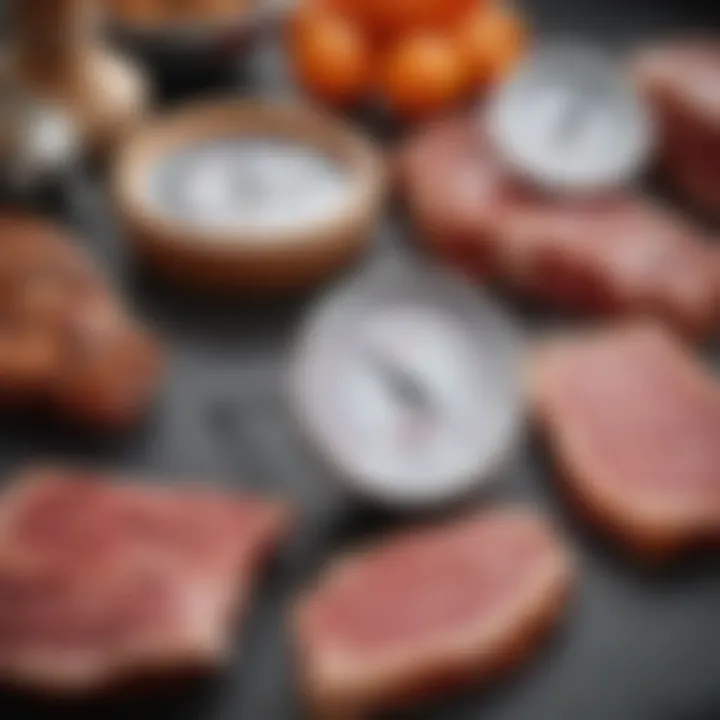 Different types of meat thermometers displayed on a countertop