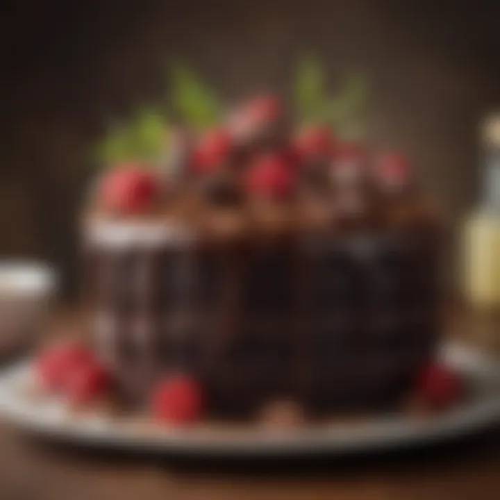 A close-up of a luxurious chocolate cake from Safeway with intricate decorations