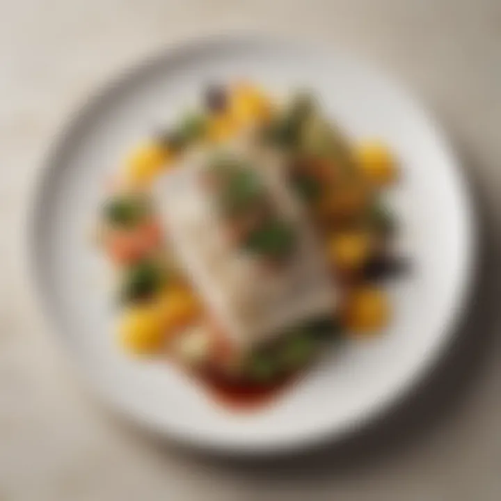 An elegant plate of sea bass served with seasonal vegetables and a drizzle of sauce, embodying gourmet presentation