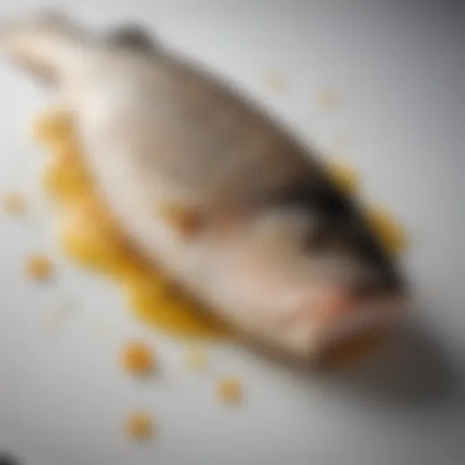 A close-up view of a perfectly cooked sea bass fillet, showcasing its flaky texture and golden crust