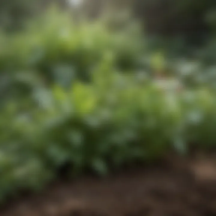 Close-up of herbs thriving in a lush garden setting, showcasing their growth.