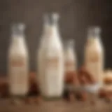 Variety of nut milk alternatives in glass bottles