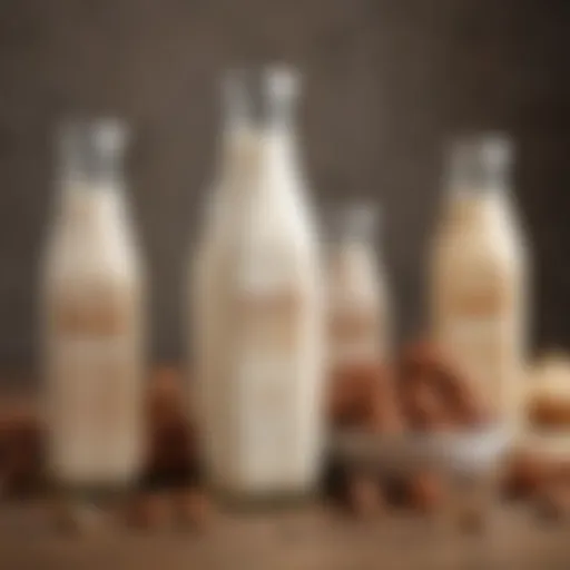 Variety of nut milk alternatives in glass bottles