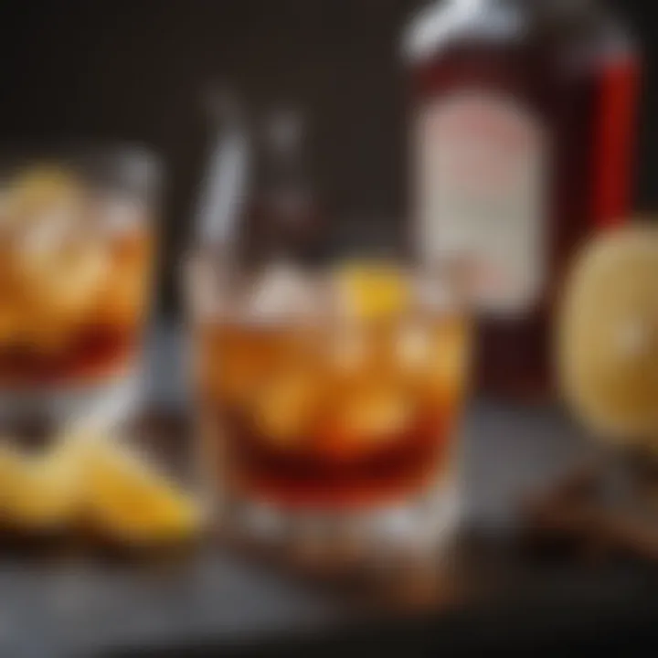 Close-up of key ingredients used in an Old Fashioned cocktail, including bitters and sugar