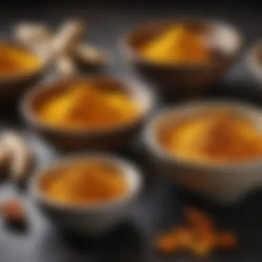 A detailed view of turmeric powder and ginger paste in elegant bowls, highlighting their vivid hues