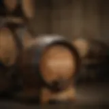 A close-up of a bourbon barrel aging in a dimly lit warehouse.