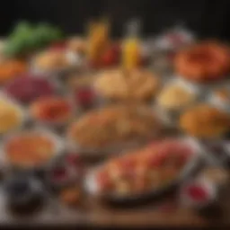 A vibrant display of assorted foods arranged artistically on a table, emphasizing visual appeal.