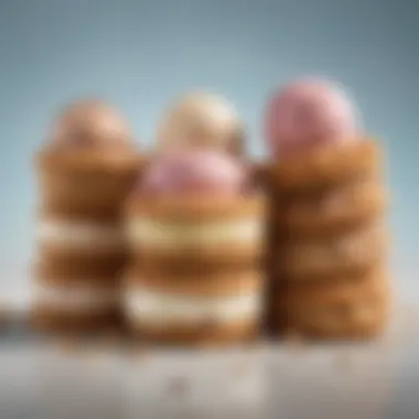 Variety of Ice Cream Flavors with Oatmeal Cookies An artistic display of various flavors of ice cream paired with oatmeal cookies, creating a colorful treat.