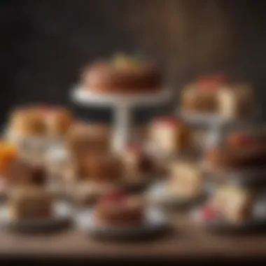 Slices of various vegan cakes on a rustic table