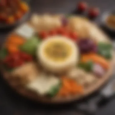 A vibrant cheese platter featuring vegan Manchego alongside vegetables and crackers.