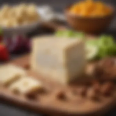 Artisan vegan Manchego cheese displayed on a wooden board with fruits and nuts.