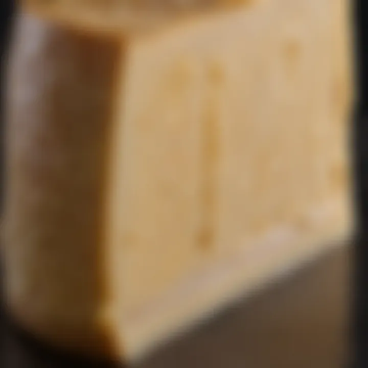 A close-up view of a slice of vegan Manchego cheese showing its texture and color.