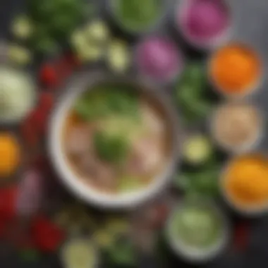 An array of colorful ingredients used in vegan pho preparation.