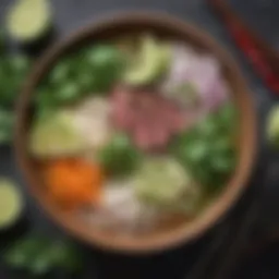 A vibrant bowl of vegan pho garnished with fresh herbs and lime.