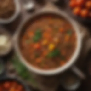 A hearty lentil stew filled with colorful vegetables and spices.