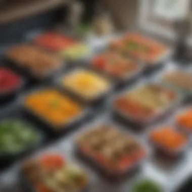 Efficient Meal Prep Setup An organized meal prep station with various healthy vegetarian dishes in containers.