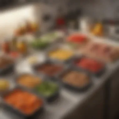 Efficient Meal Preparation Setup A well-organized meal prep station with ingredients