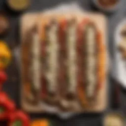 Sliced mushrooms and bell peppers arranged artistically on a cutting board