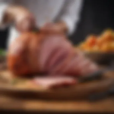 A chef's knife positioned next to a delicious, glazed Vermont spiral sliced ham.