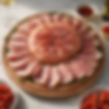 Elegant Platter of Vermont Spiral Sliced Ham A beautifully arranged platter featuring Vermont spiral sliced ham with garnishes.