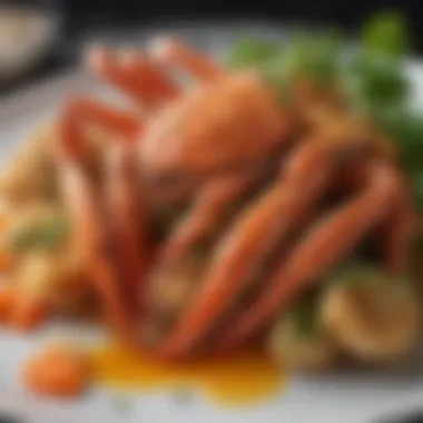 Vibrant Culinary Presentation with Crab Leg Clusters A vibrant dish featuring crab leg clusters and complementary sides