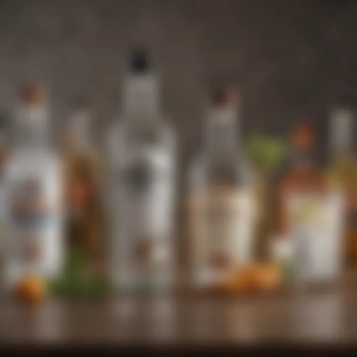 Close-up of ingredients for vodka soda with bitters including vodka, soda water, and aromatic bitters