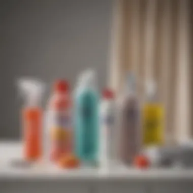 Various cleaning supplies arranged for curtain maintenance