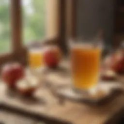 A serene morning scene with a glass of apple cider vinegar drink on a wooden table.