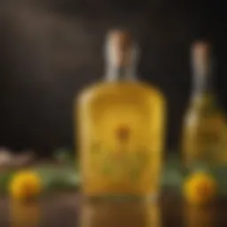 A vibrant bottle of dandelion wine displayed artistically