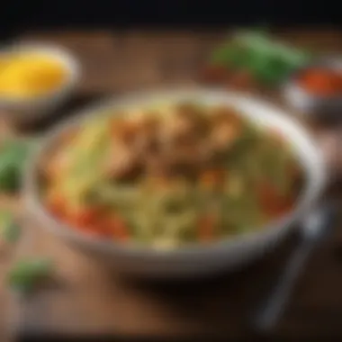 Innovative Zoodle Dish with Spices A creative zoodle dish featuring an array of spices and toppings