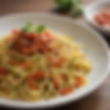 Zoodles with Tomato Sauce Delight Zoodles elegantly arranged with a rich tomato sauce