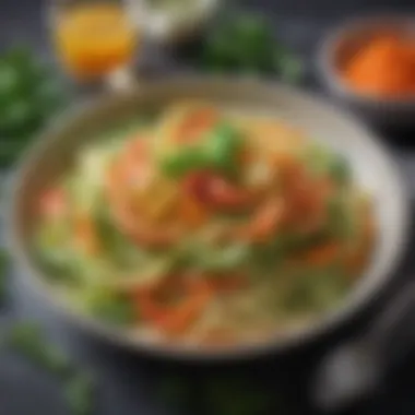A Colorful Zoodle Creation A vibrant bowl of zoodles topped with fresh vegetables and herbs